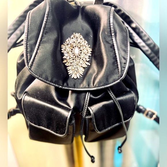 Badgley Mischka Large Jeweled Backpack Nylon & Leather - Picture 6 of 12